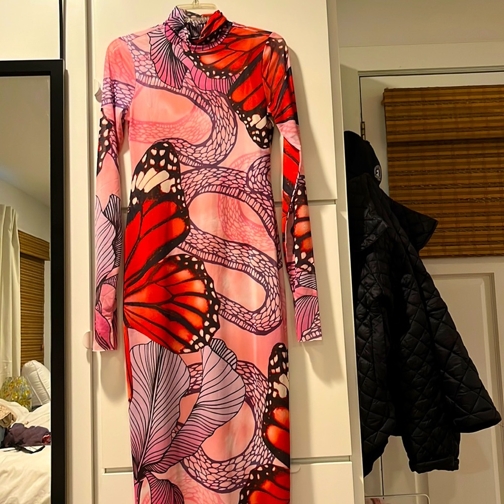 Mesh turtleneck maxi with butterfly pattern
